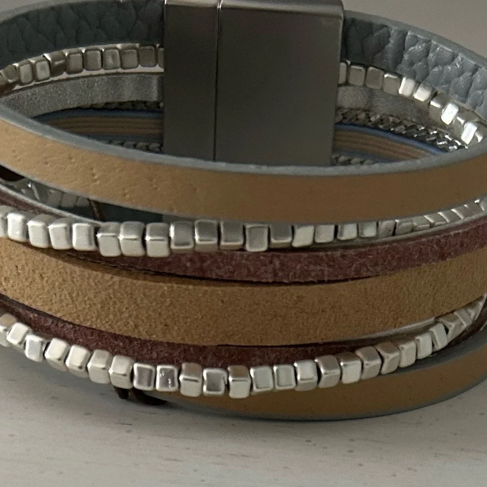 Rain Silver and Tan Leather Bracelet